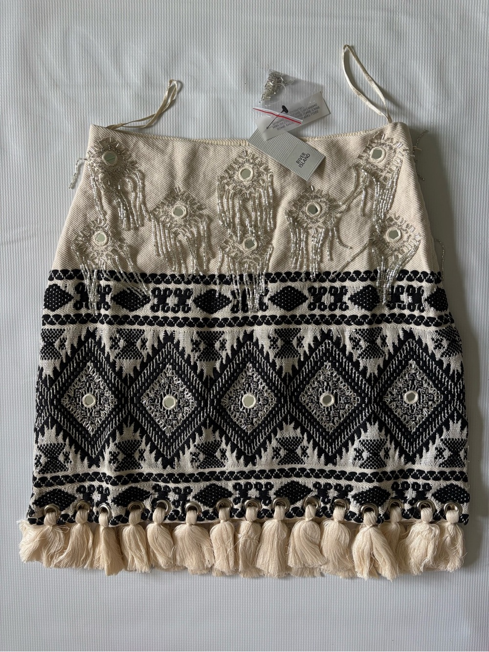 River Island Beaded Embroidered Tassel Skirt - Cream & Black